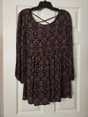 Forever 21 Black Dress with Rust Floral Print, Long Sleeve Babydoll